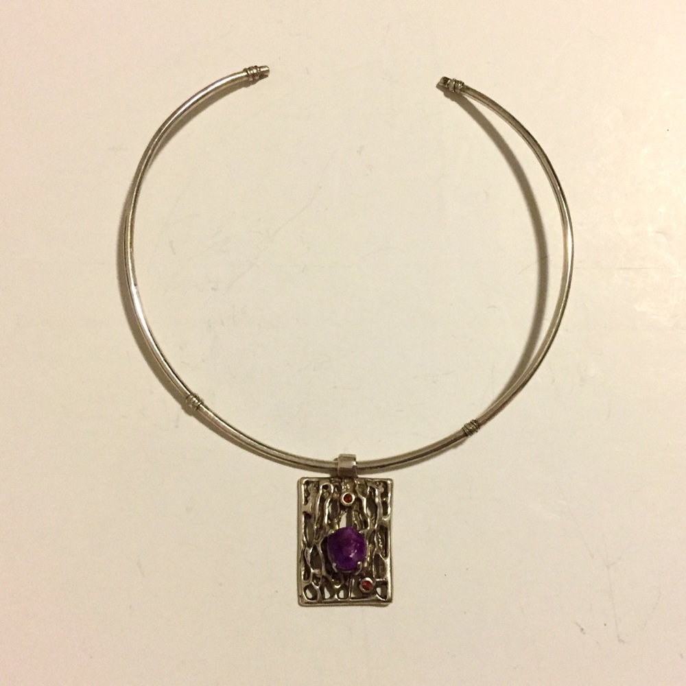 Silver Choker and Silver/Amethyst/ Ruby Pendant